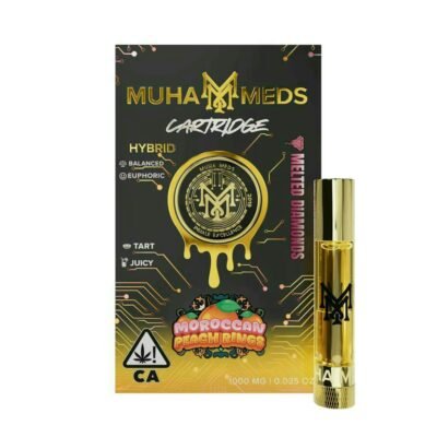Muha meds moroccan peach rings cart hybrid 1g package showing peach flavor vape cartridge
