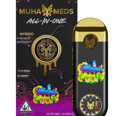 Muha meds magic melon og disposable all-in-one vape pen hybrid strain 1g 1000mg THC tropical melon flavor
