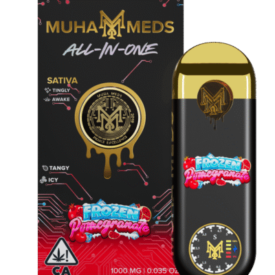 Muha meds frozen pomegranate disposable vape pen 1g Sativa with berry mint flavor and 1000mg THC