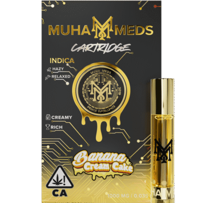 muha meds banana cream cake cart with 1g indica vape cartridge, dessert-inspired flavor, and 1000mg THC potency