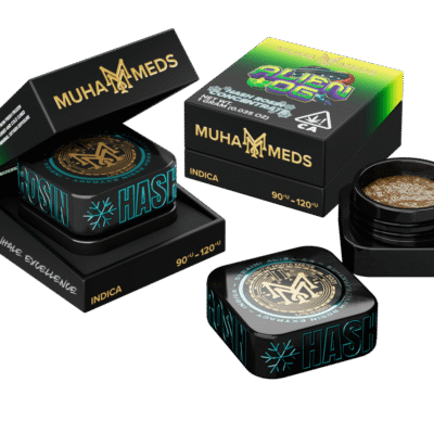 Muha Meds Alien OG hash rosin 1g concentrate with earthy lemon pine flavor and Indica effects