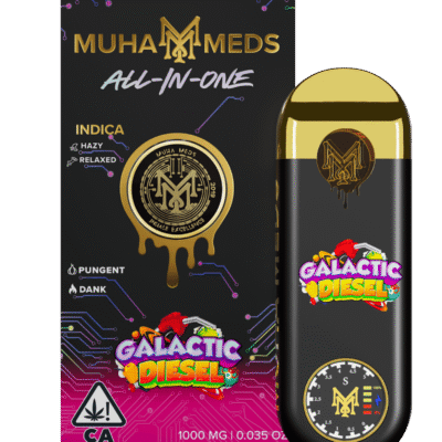 Muha meds galactic diesel disposable indica vape pen 1g, diesel earthy flavor, Muha Meds branding