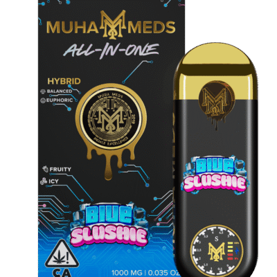 Muha meds carts blue slushie 1g disposable vape, hybrid strain, blue raspberry flavor, Muha Meds