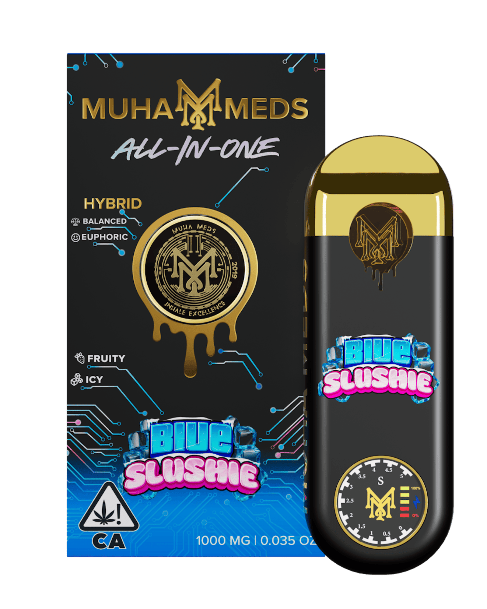 Muha meds carts blue slushie 1g disposable vape, hybrid strain, blue raspberry flavor, Muha Meds