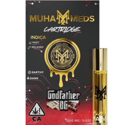 muha meds godfather og cart indica 1g vape cartridge fruity herbal grape flavor