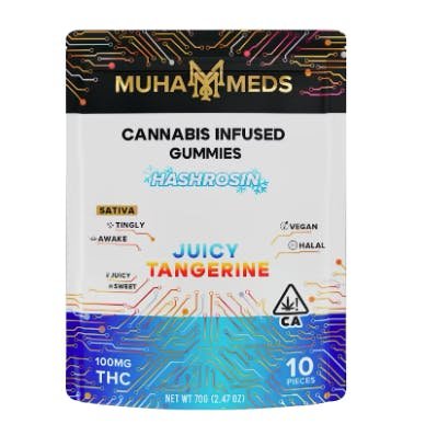 Muha meds juicy tangerine gummies 100mg bag with Sativa effects and solventless hash rosin by Muha Meds