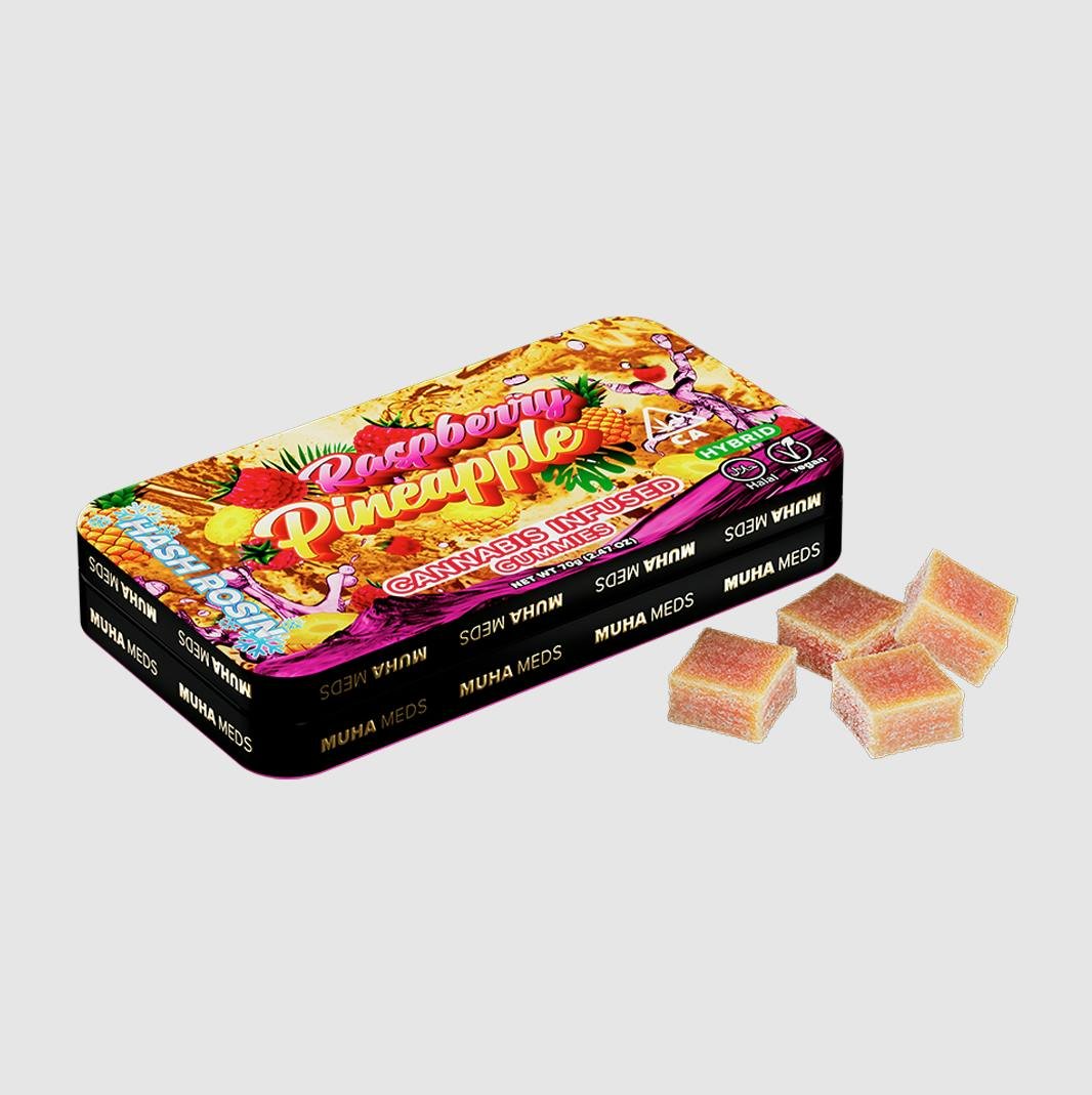 muha meds raspberry pineapple gummies 100mg hybrid rosin edibles 10pk tropical berry flavor