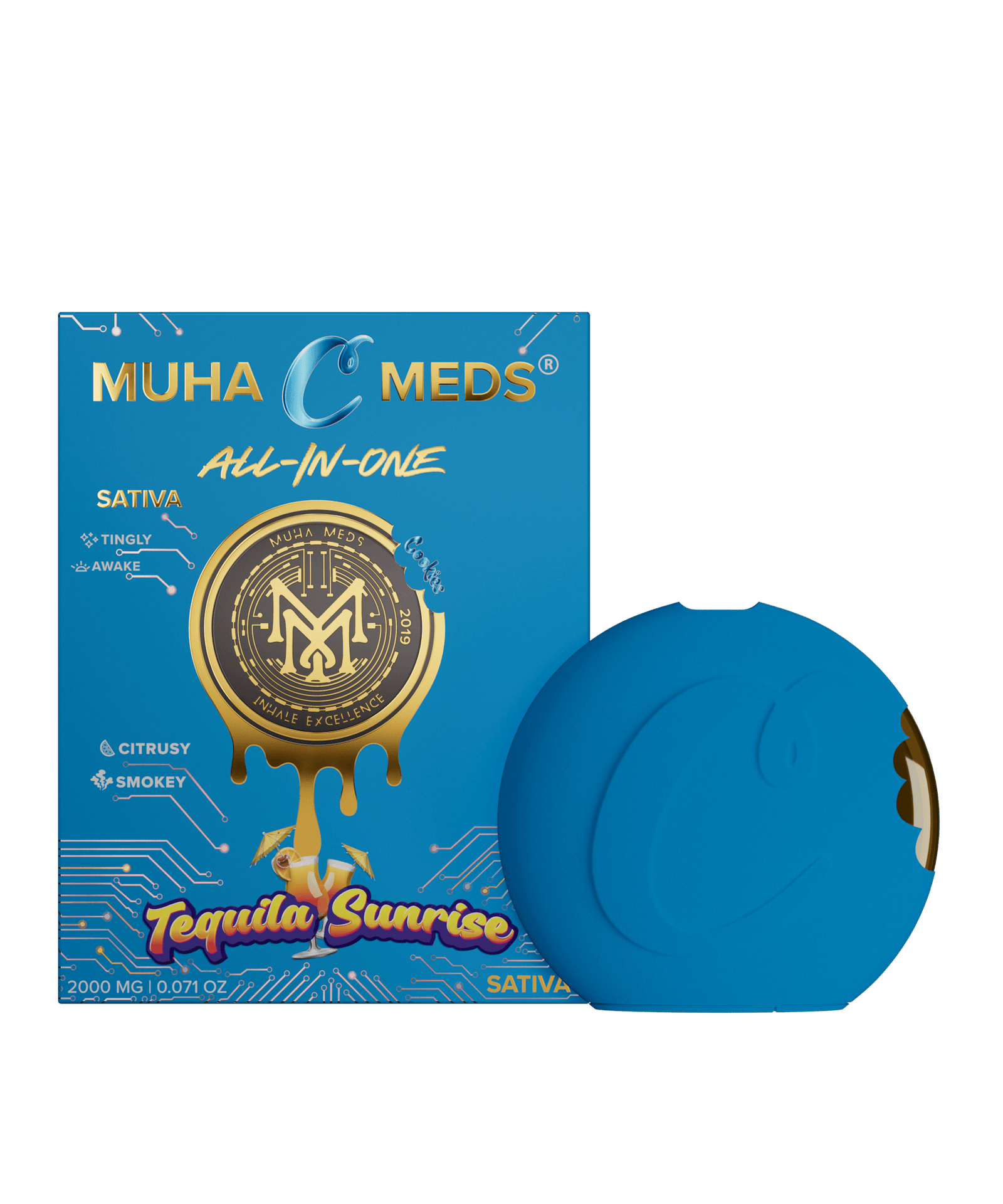 Muha meds tequila sunrise disposable 1g sativa vape pen with citrus and berry flavors by Cookies
