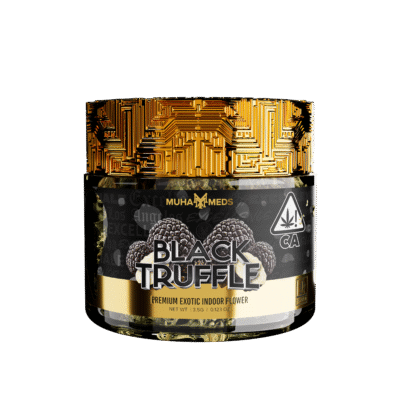 Muha meds black truffle flower 3.5g bag of hybrid big buds with earthy, cocoa, and nutty flavors