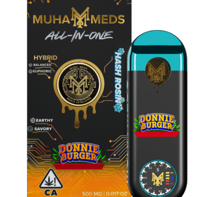 muha meds donnie burger disposable hybrid hash rosin vape pen 0.5g from Muha Meds, cheese citrus pine flavors
