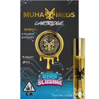 Muha meds carts blue slushie hybrid vape cartridge 1g with blue raspberry flavor and 1000mg THC