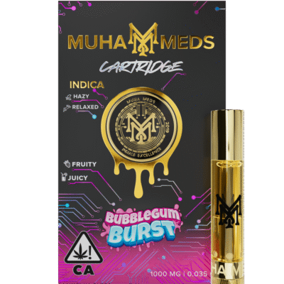 muha meds bubblegum burst cart 1g indica vape cartridge with sweet bubble gum flavor and 1000 THC