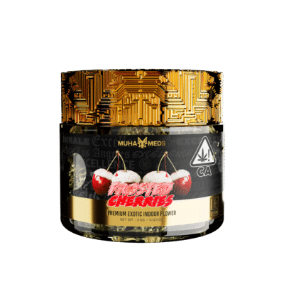 Muha meds frosted cherries flower 3.5g jar showing big hybrid buds with berry and citrus aroma by Muha Meds