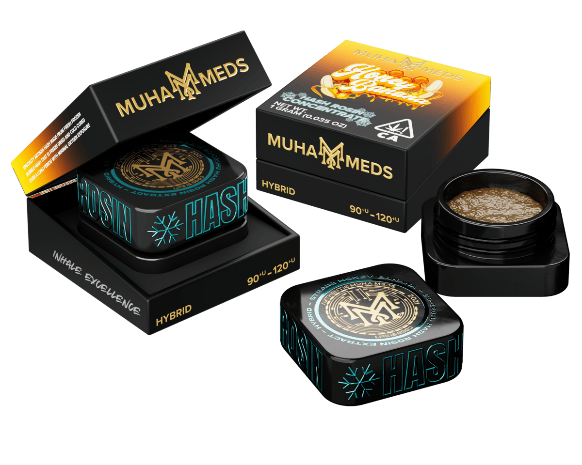 Muha meds honey banana hash rosin concentrate in glass jar with hybrid effects and tropical honey flavors