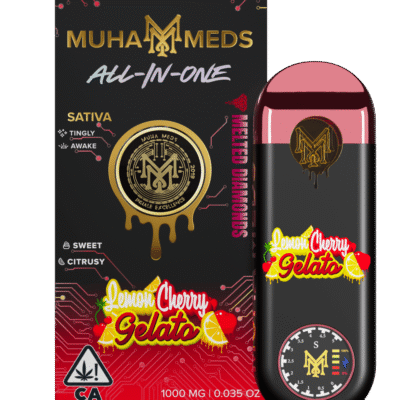 Muha meds lemon cherry gelato disposable sativa vape 1g, fruity citrus cherry flavor, Muha Meds branding