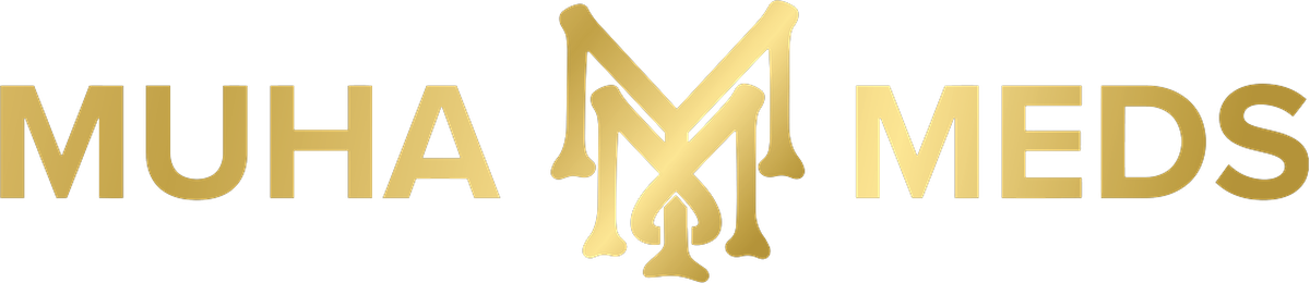 Muha Meds logo in gold with the double M monogram between the words Muha and Meds