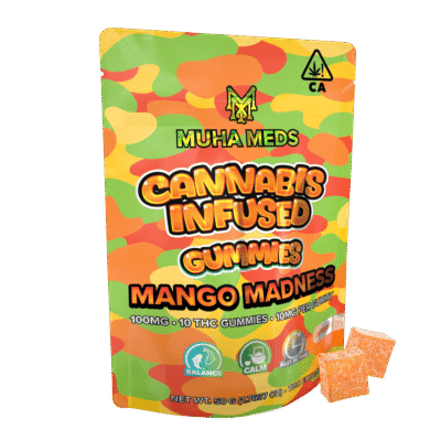 Muha meds mango madness gummies 100mg hybrid pack, sweet tropical fruit THC infused gummies