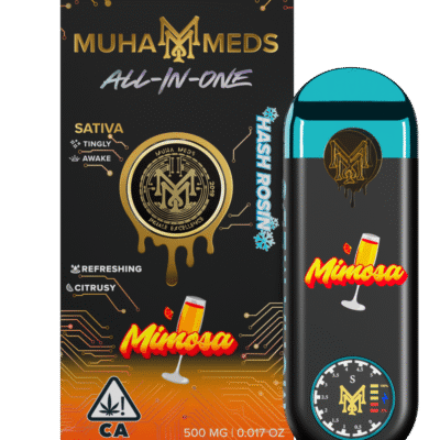 Muha meds mimosa disposable vape pen 0.5g all-in-one Sativa bursting with citrus, berry, and grape flavors