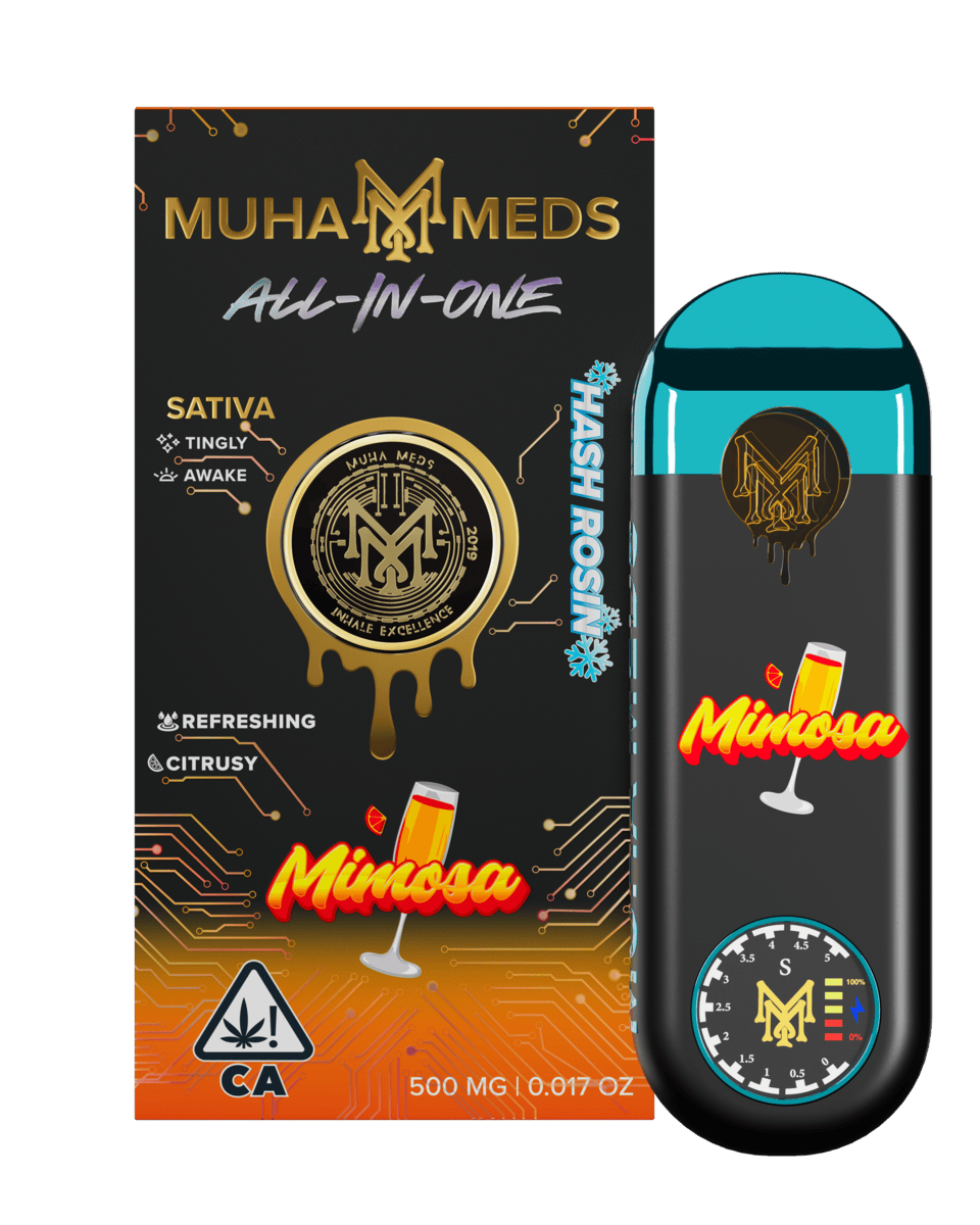 Muha meds mimosa disposable vape pen 0.5g all-in-one Sativa bursting with citrus, berry, and grape flavors
