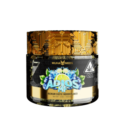 Muha meds adios mf flower 3.5g big buds indica cannabis with earthy aroma and pine flavor