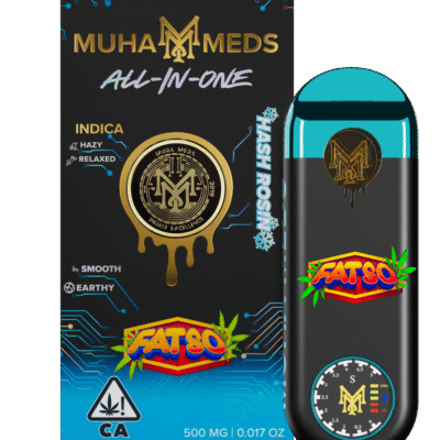 Muha meds fatso disposable all-in-one vape, 0.5g indica hash rosin with citrus, diesel, earthy, and pine flavors