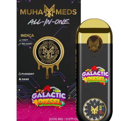 Muha meds galactic diesel disposable vape pen 2g Indica with pungent diesel flavor by Muha Meds