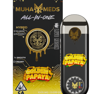 Muha meds golden papaya disposable 1g live resin vape showing hybrid flavor and all-in-one design