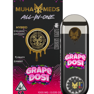 Muha meds grape dosi disposable live resin vape pen 1g indica 1000mg THC with grape flavor