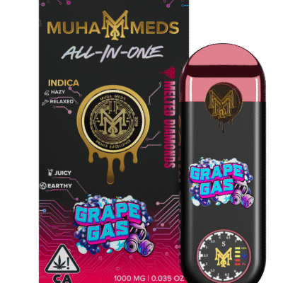 Muha meds grape gas disposable 1g all-in-one vape with indica effects and grape flavor