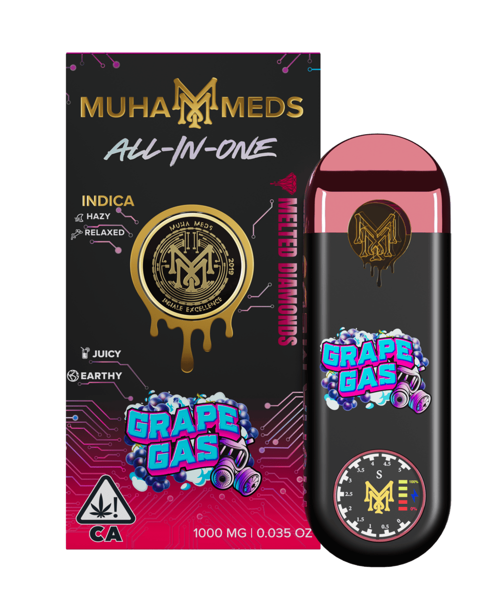 Muha meds grape gas disposable 1g all-in-one vape with indica effects and grape flavor