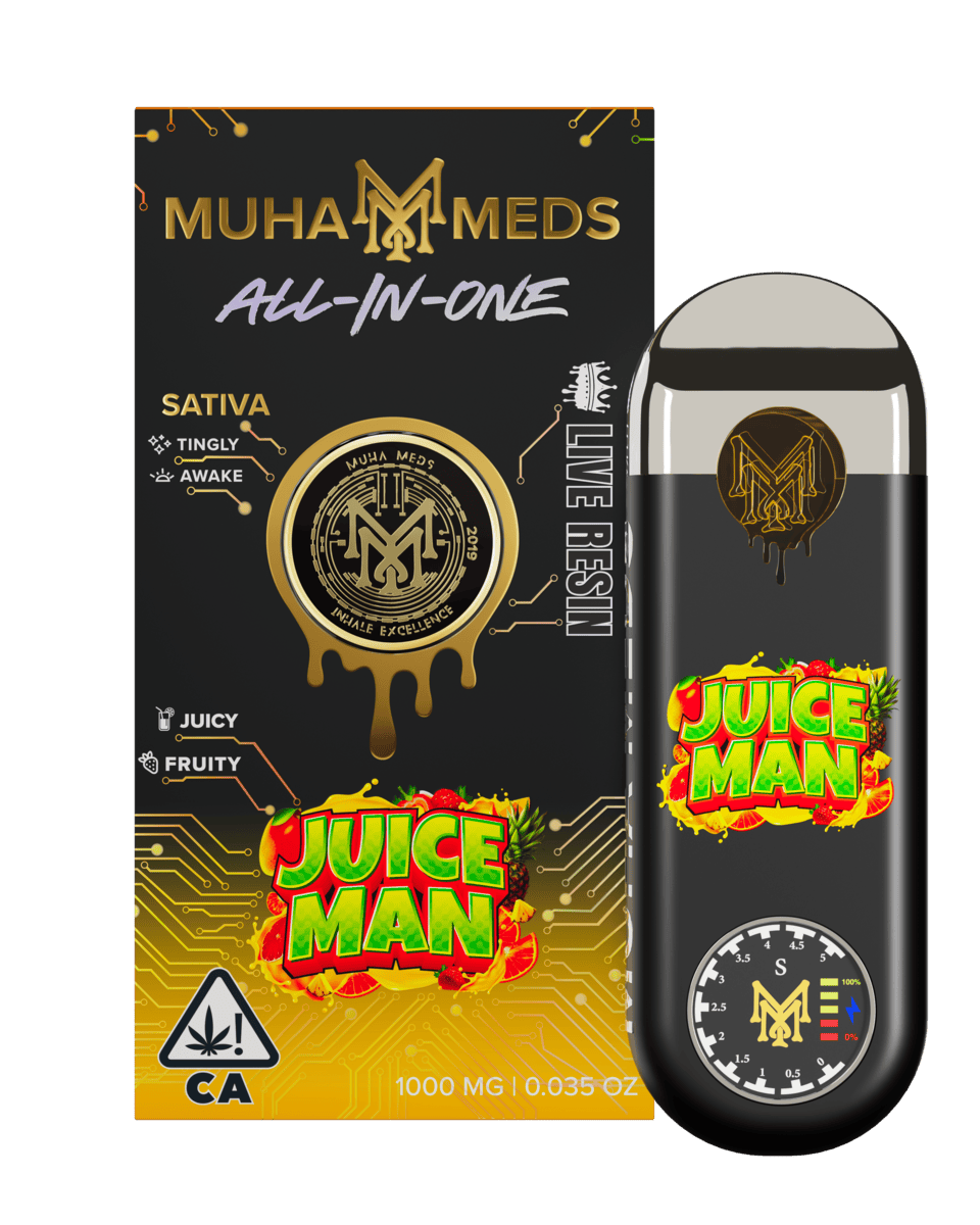 muha meds juice man disposable 1g sativa vape, citrus sweet live resin flavors, premium hardware, Muha Meds brand
