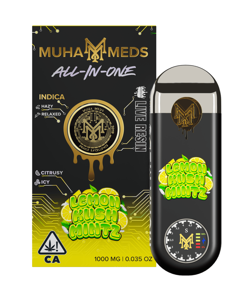 Muha meds lemon kush mintz disposable 1g all-in-one vape in citrus mint indica flavor