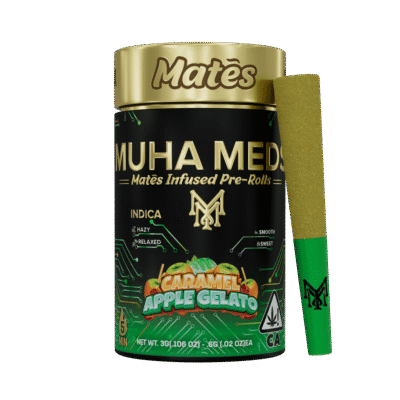 Muha meds caramel apple gelato infused pre roll five pack with kief and Muha Sauce Diamonds, indica strain, 3g total