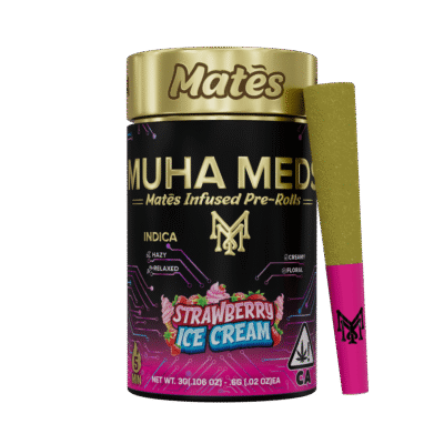 Muha meds strawberry ice cream infused pre roll five-pack indica joints 40 percent THC berry vanilla