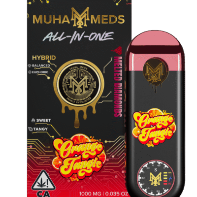 Muha meds orange tangie disposable 1g hybrid all-in-one vape pen with citrus flavor branded by Muha Meds