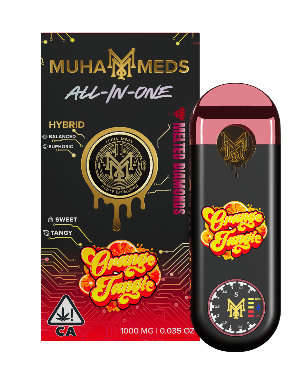 Muha meds orange tangie disposable 1g hybrid all-in-one vape pen with citrus flavor branded by Muha Meds