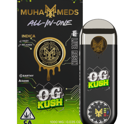 muha meds og kush disposable vape pen 1g indica 1000mg thc with live resin oil device
