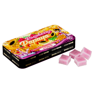 Muha meds raspberry papaya gummies hybrid edibles 100mg 10mg THC Muha Meds packaging