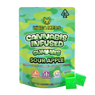 muha meds sour apple gummies sativa edible 10mg per piece 100mg bag apple citrus flavor