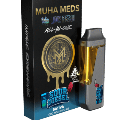 muha meds sour diesel cart 1g live resin disposable with citrus diesel flavor and sativa effects