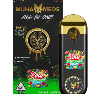 Muha Meds Sour Watermelon Squirt Disposable 1g sativa vape with citrus and sweet flavor all-in-one format