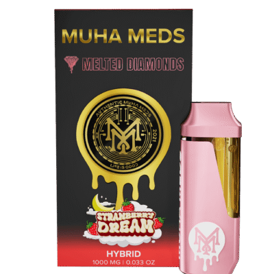 Muha meds strawberry dream disposable 1g melted diamonds vape with hybrid effects and strawberry flavor
