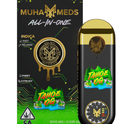 Muha meds tahoe og disposable 1g vape pen with indica effects and citrus pine flavor