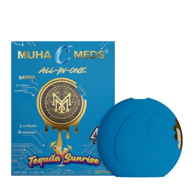 Muha meds tequila sunrise disposable 1g sativa vape all-in-one with citrus, berry, and apple flavors