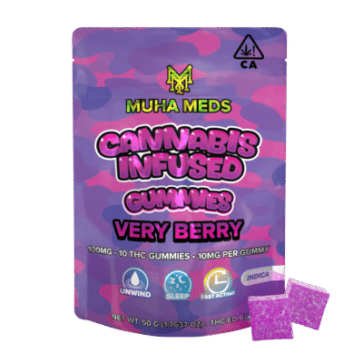 muha meds very berry gummies chewy indica edibles 100mg pack with berry and earthy flavors