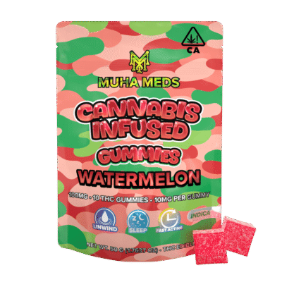 Muha meds watermelon gummies 100mg pack Indica THC edibles with real fruit flavor