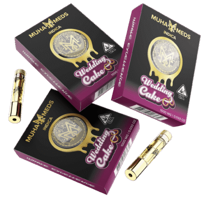 Muha meds wedding cake cart 1g indica vape cartridge with vanilla cake flavor by Muha Meds